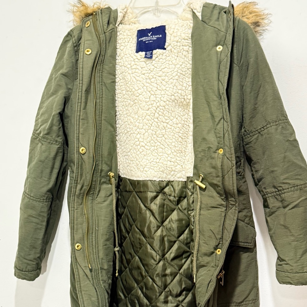 American Eagle Army Green Fur Trim Removable Hood Full Zip Jacket Coat Size XS - Picture 7 of 12